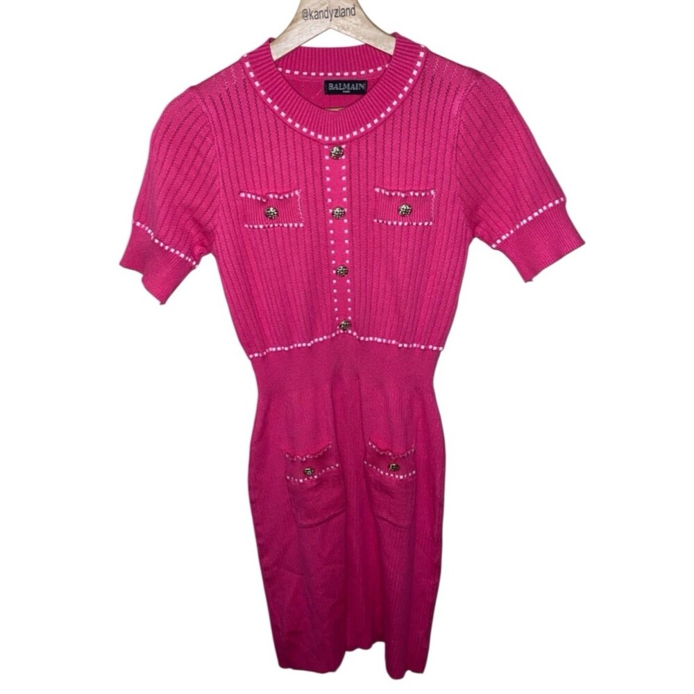 BALMAIN Paris Hot Pink White Knit Pull on Bodycon Style Dress